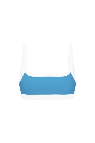 Soutien-gorge bleu sport avec bordure blanche.